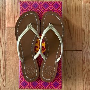 Tory Burch, Terra Thong Leather Sandals, Beige, Size 6